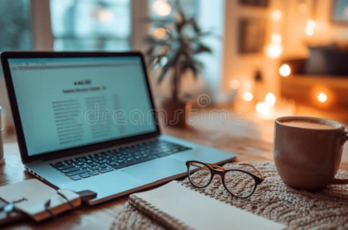 Cozy remote work setup with laptop and coffee