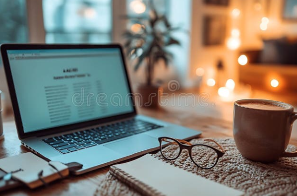 Cozy remote work setup with laptop and coffee