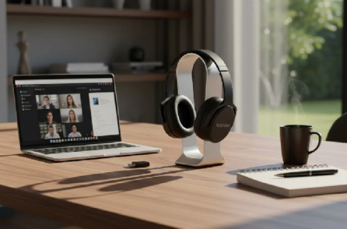 Professional home office setup with noise cancelling headphones, laptop and coffee cup for remote work productivity