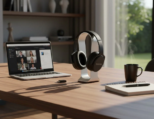Professional home office setup with noise cancelling headphones, laptop and coffee cup for remote work productivity