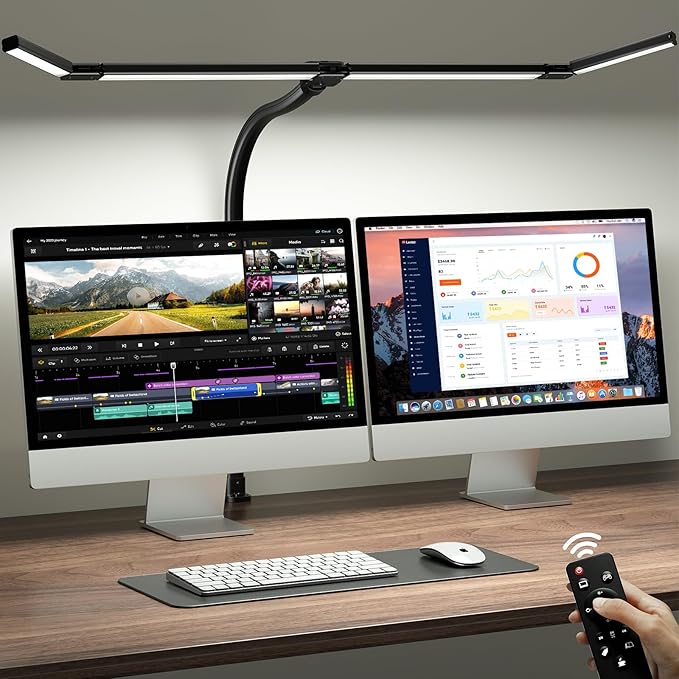 ONEMIX 42-inch LED desk lamp with dual monitor setup and remote control