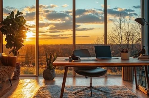 Panoramic home office with sunset view work life balance