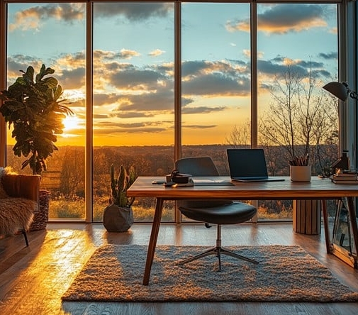 Panoramic home office with sunset view work life balance