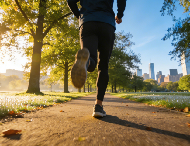 Morning jog in a sunlit urban park, promoting active lifestyle